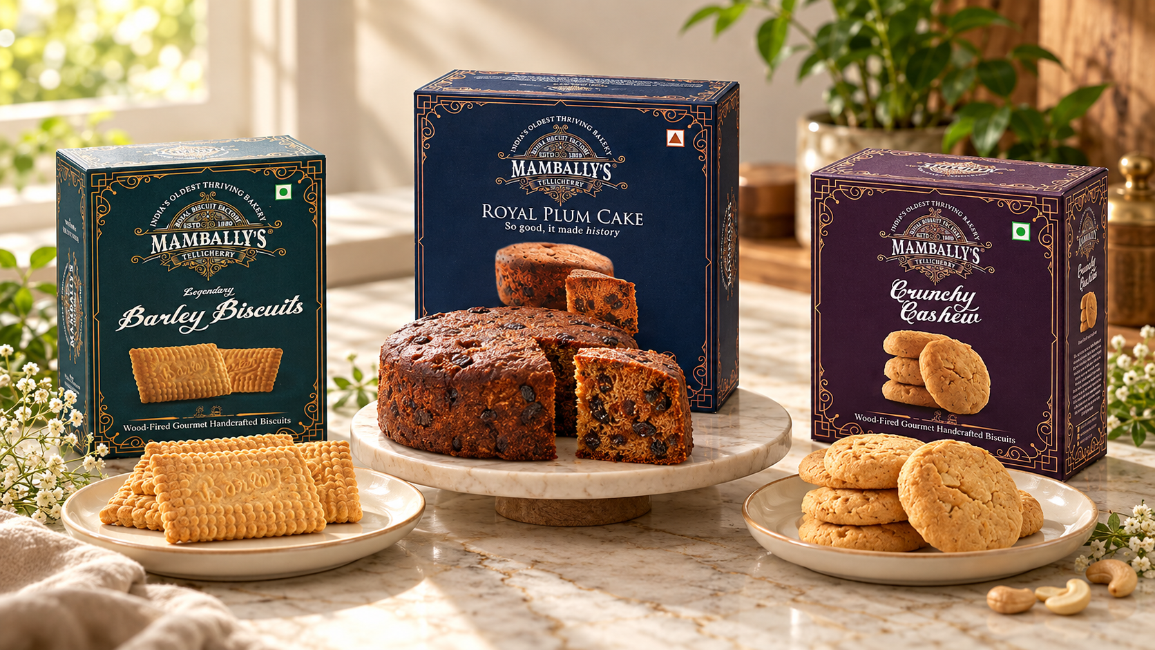 Packaged barley biscuits, plum cake and cashew cookies displayed together